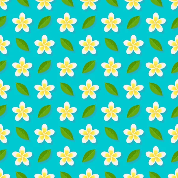 Plumeria flowers on blue background seamless pattern — Stock Vector