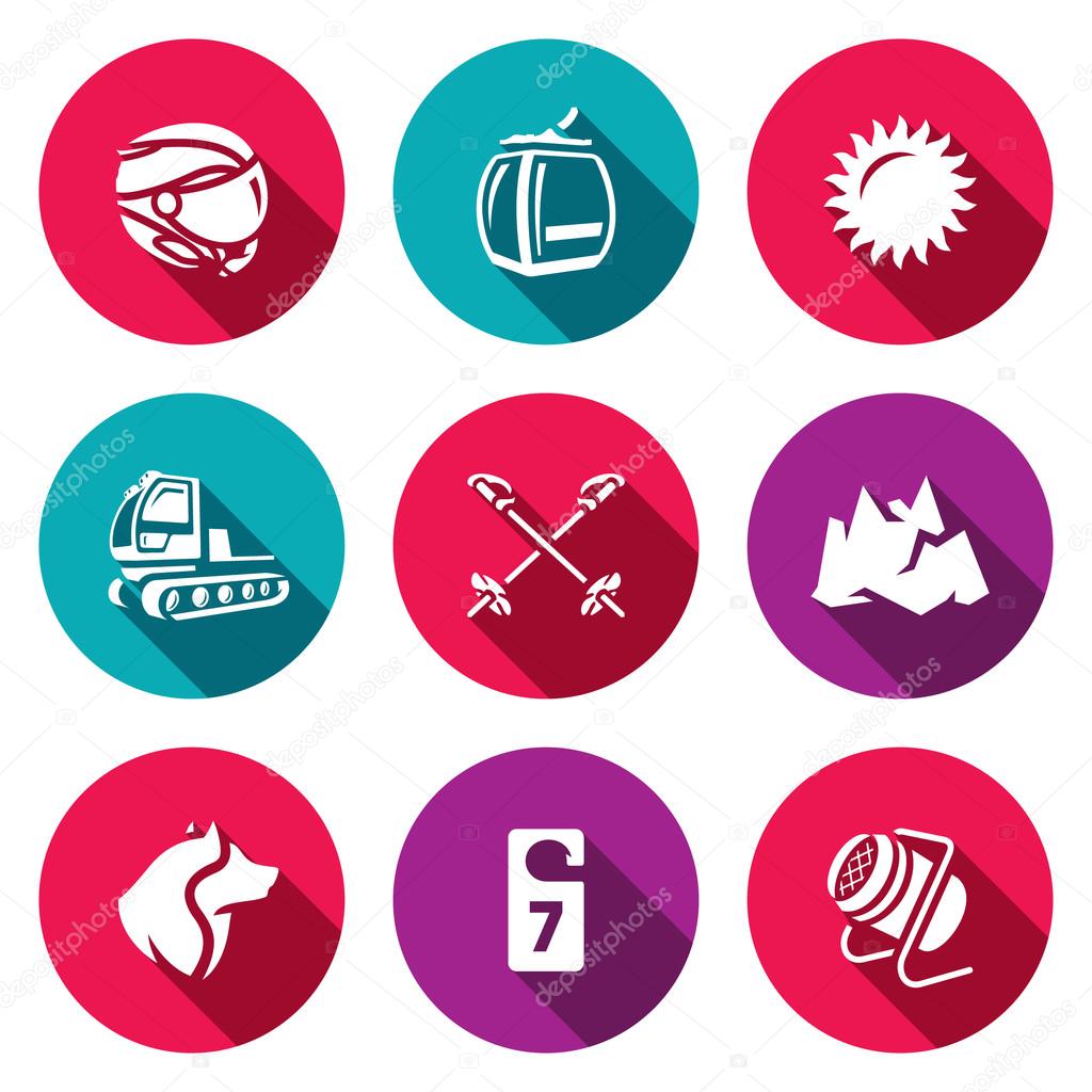 Vector Set of Ski Resort Icons. Helmet, Funicular, Weather, Machine rolling slope, Poles, Mountain, Rescue Dog, Hotel, Snow Cannon.