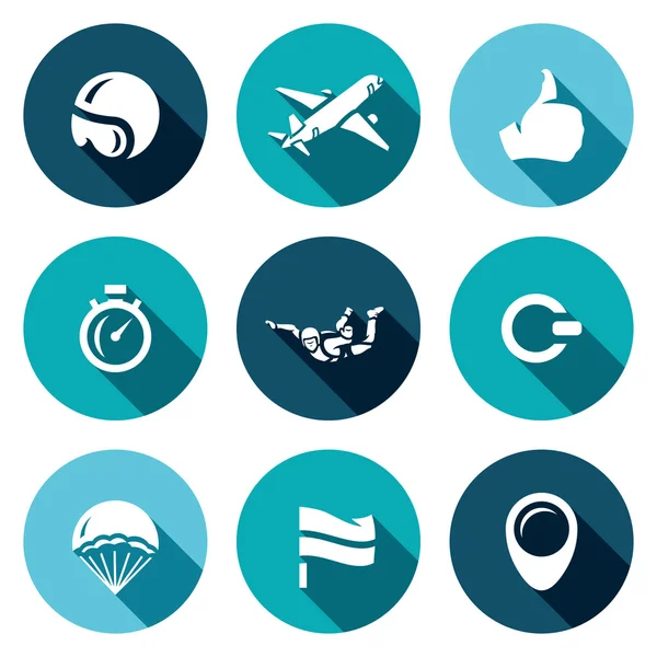 Vector Set of Skydiving Icons. Helmet, Plane, Ready, Time, Skydiver, Ring, Parachute, Landing Place, Wind Direction. — Stock Vector