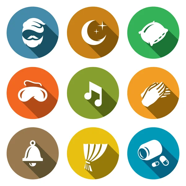 Vector Set of Sleep and Night Rest Icons. Man, Pillow, Mask, Lullaby, Palm, Clock, Curtain, Sleeping Pills. — Stock Vector