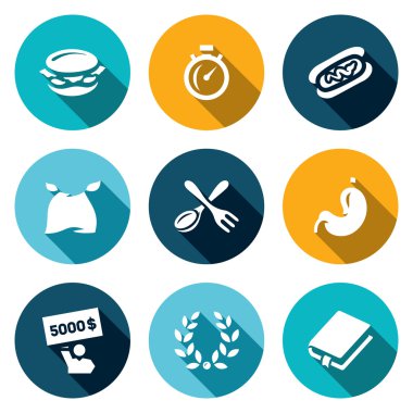 Vektör hız yeme yarışması simgeler kümesi. Burger, kronometre, börek, yiyen, çatal ve kaşık, mide, kazanan, zafer, kayıt defteri.