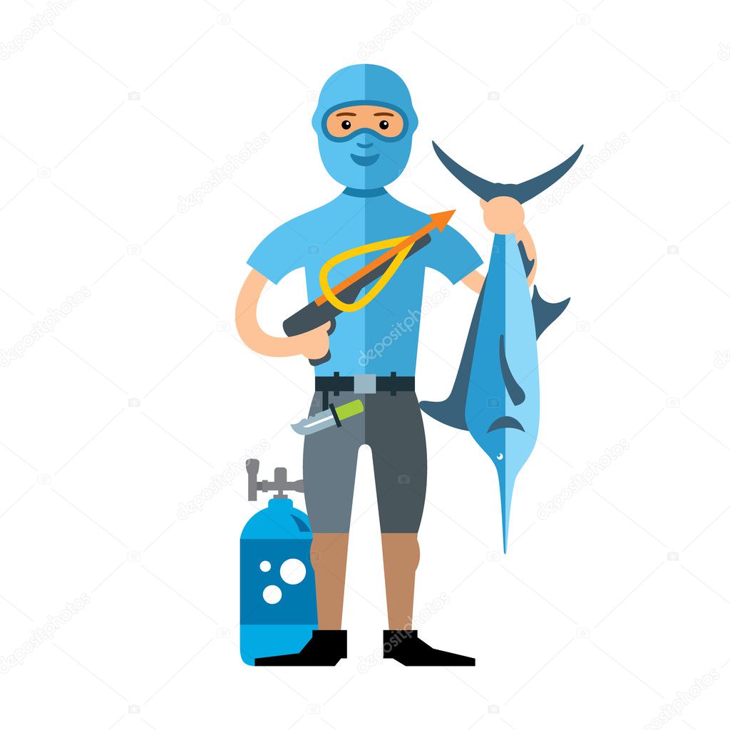 Vector Spearfisher with large Marlin fish. Spearfishing. Flat style colorful Cartoon illustration.