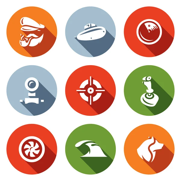 Vector Set of Submarine Icons. Captain, Boat, Radar, Periscope, Aim, Control, Torpedo, Dive, Sea Wolf. — Stock Vector