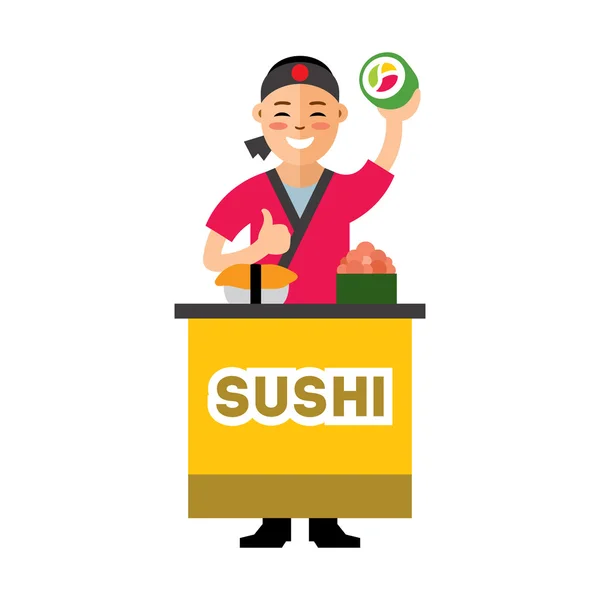 Chef Vector Sushi. Illustration de bande dessinée colorée de style plat . — Image vectorielle