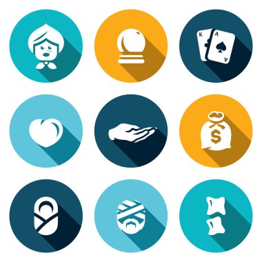Vektör Kahin ve şifacı simgeler kümesi. Büyükanne, Magic Ball, Tarot, aşk, kehanet palm, servet, Ebe, şifa, Chiropractic.