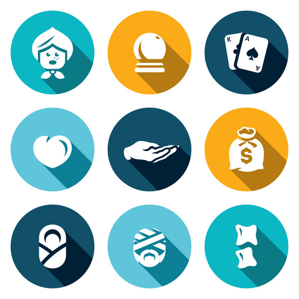 Vector Set of The Seer and Healer Icons. Grandma, Magic Ball, Tarot, Love, Divination palm, Wealth, Midwife, Healing, Chiropractic.