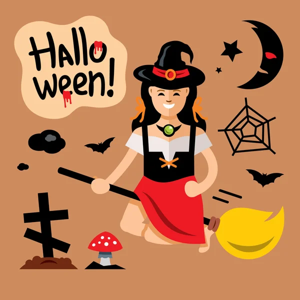 Векторная ведьма Хэллоуина на метле . — стоковый вектор