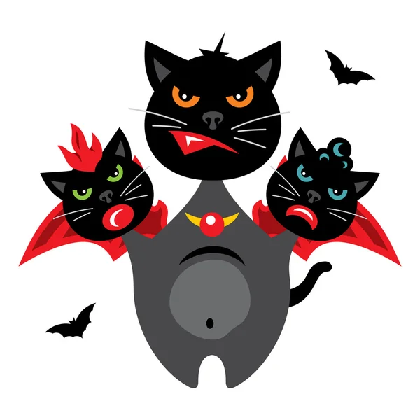 Cadılar Bayramı üç başlı bir ejderha kedi çizgi film illüstrasyon vektör. — Stok Vektör