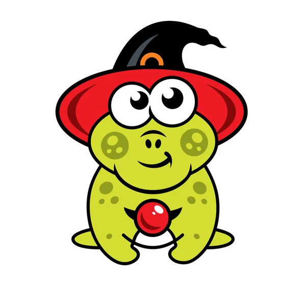 Vector rana de Halloween en sombrero de bruja Ilustración de dibujos animados . — Vector de stock