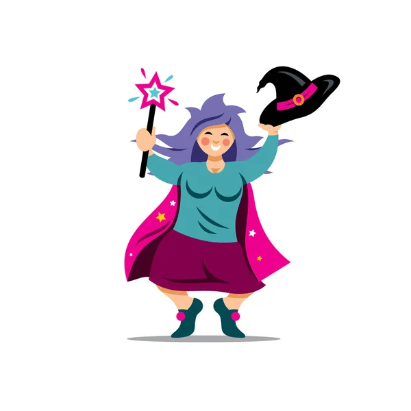 Vector Halloween Witch with magic wand Cartoon Illustration. — Stock Vector