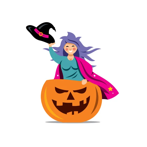 Sorcière vectorielle Halloween dans la citrouille Illustration de bande dessinée . — Image vectorielle