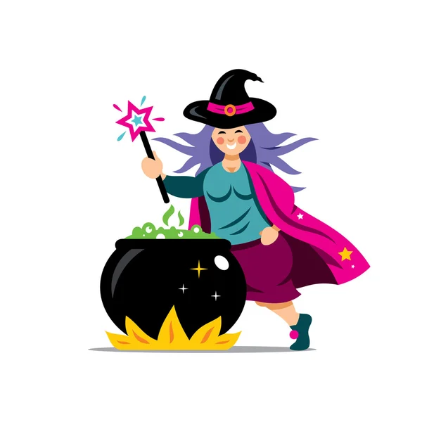 Vector bruja de Halloween y caldero ilustración de dibujos animados . — Vector de stock