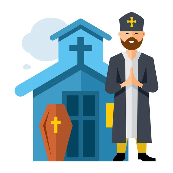 Vector Priest and Church. Flat style colorful Cartoon illustration. — Stock Vector