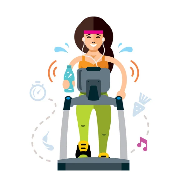 矢量漂亮女人在跑步机上运行。健身运动夫人工作。平面样式色彩丰富的卡通插画. — 图库矢量图片