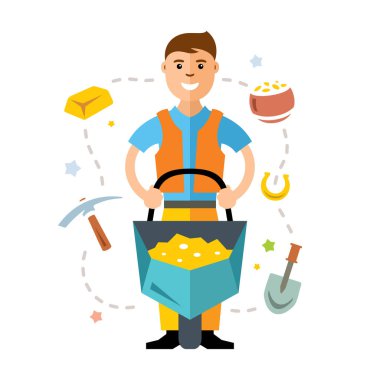 Gold miner vektör. Düz stil renkli karikatür resimde.