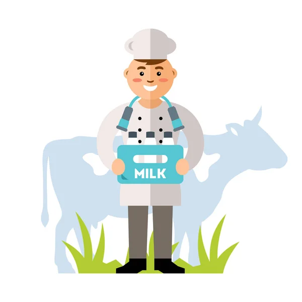 矢量快乐送牛奶的人。平面样式色彩丰富的卡通插画 — 图库矢量图片