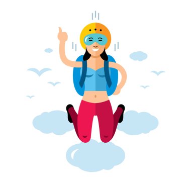 Vektör Skydiving kadın. Düz stil renkli karikatür resimde.