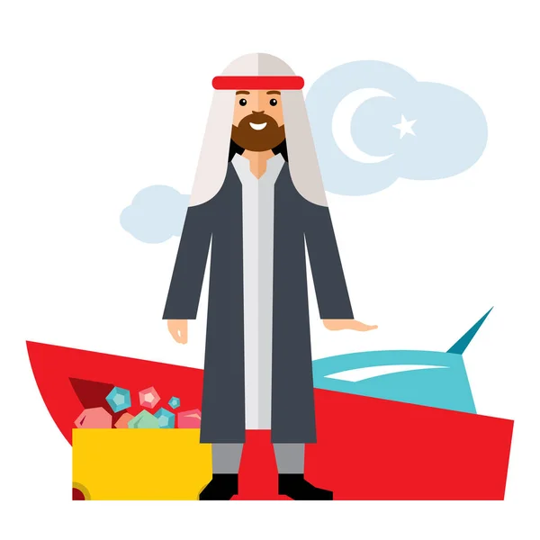 Vector hombre rico de los Emiratos Árabes Unidos. Éxito árabe de negocios. Sheikh saudí. Estilo plano colorido ilustración de dibujos animados . — Vector de stock