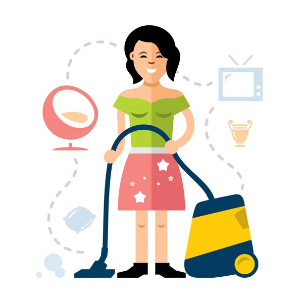 Vector ung kvinna rengöring med dammsugare. Platt stil färgglada tecknade illustration. — Stock vektor