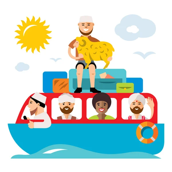 Vecctor Refugee migrants boat. Illegal migration. Flat style colorful Cartoon illustration. — Stock Vector