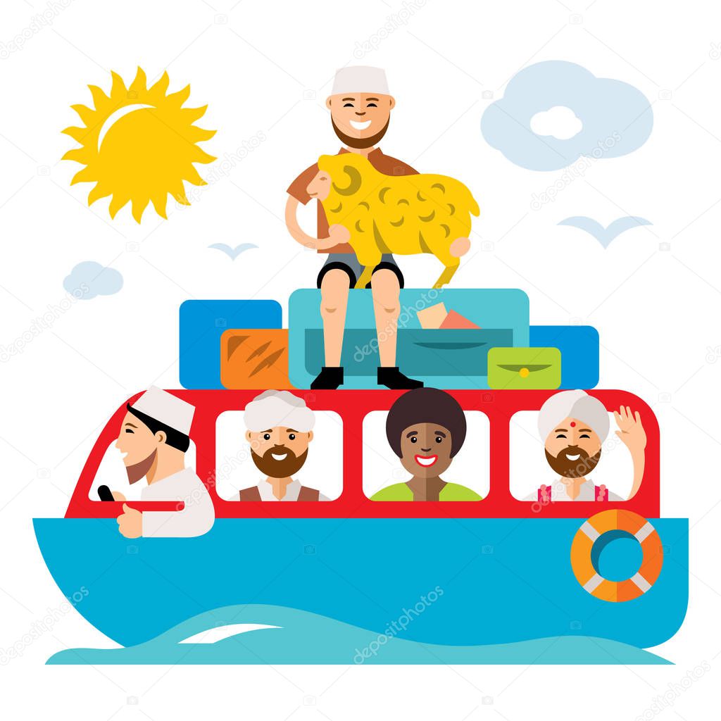 Vecctor Refugiados barco de migrantes. Migración ilegal. Estilo plano