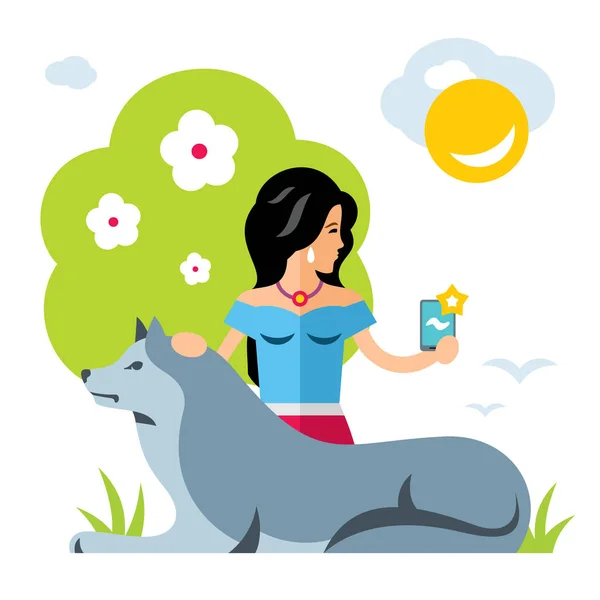 Vector selfie meisje met een hond. Vlakke stijl kleurrijke Cartoon afbeelding. — Stockvector