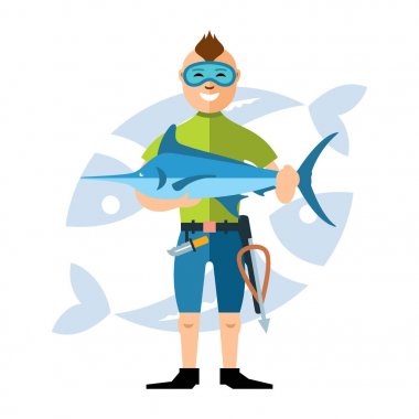 Büyük Marlin balığı ile vektör Spearfisher. Balık avı. Düz stil renkli karikatür resimde.