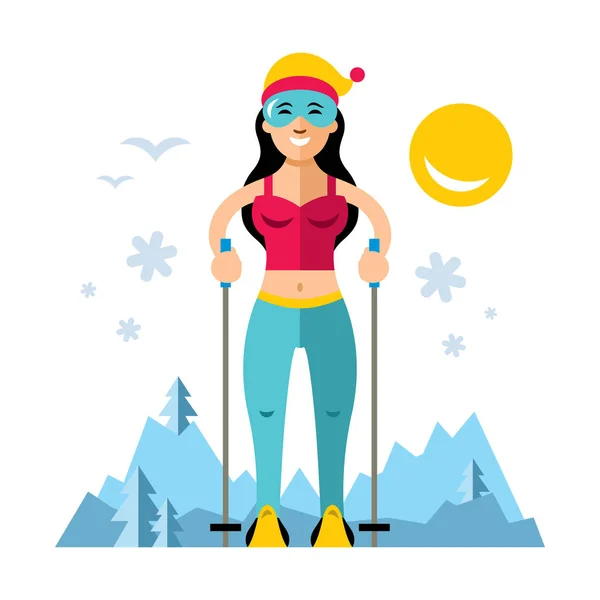 Vector flicka på skidor. Platt stil färgglada tecknade illustration. — Stock vektor