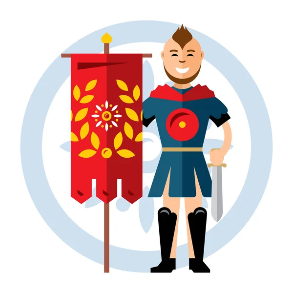 Vector guerrero espartano con la bandera roja. Estilo plano colorido ilustración de dibujos animados . — Archivo Imágenes Vectoriales