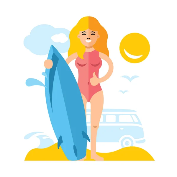 Vektor Mädchen mit Surfen. flachen Stil bunte Cartoon-Illustration. — Stockvektor