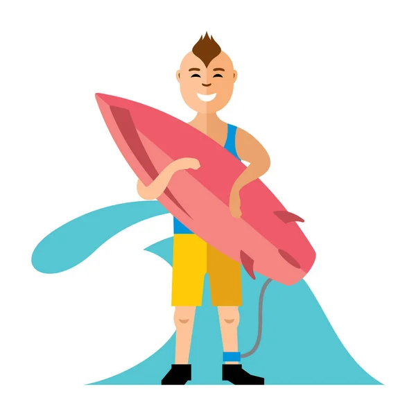 Vektor fiú szörfözés. Lapos stílusú színes rajzfilm illusztráció. — Stock Vector