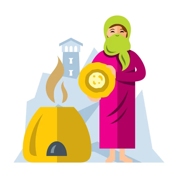 Ekmek pişirme Müslüman Arap kadın vektör. Düz stil renkli karikatür resimde. — Stok Vektör