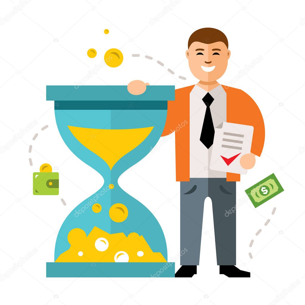 Time is money vector concept. Flat style colorful Cartoon illustration.