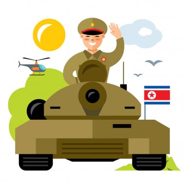 Vektör Tankman Kuzey Kore. Düz stil renkli karikatür resimde.