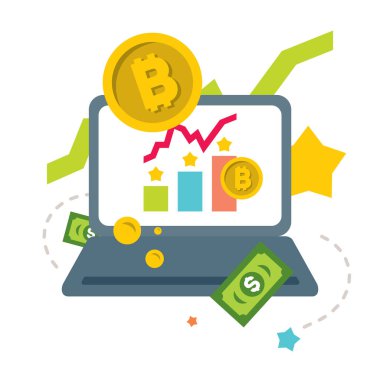 Vektör Cryptocurrency, Internet üzerinde kazanç. Düz stil renkli karikatür resimde.