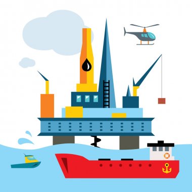 Vektör Offshore sondaj platformu. Düz stil renkli karikatür resimde.