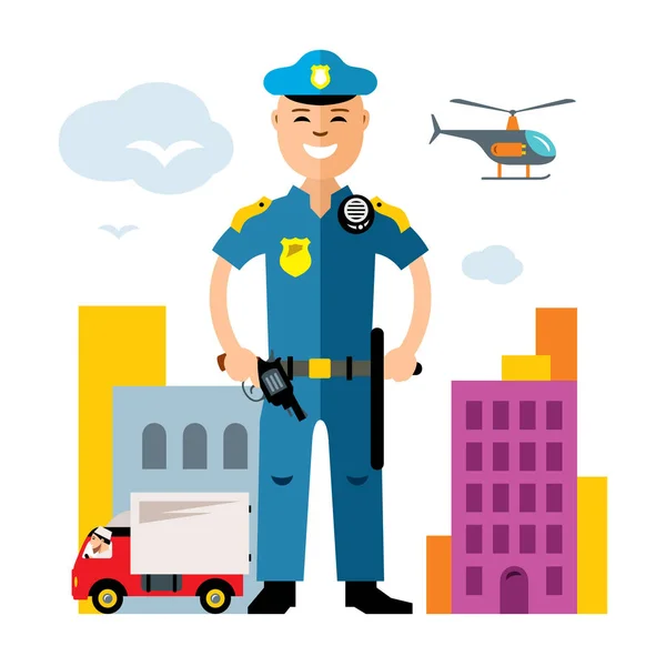 Policía de Vector City. Aplicación de la ley. Estilo plano colorido ilustración de dibujos animados . — Archivo Imágenes Vectoriales