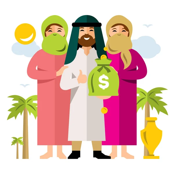 Vektor polygamie. Saúdský muž a jeho harému. Plochý barevný kreslený obrázek. — Stockový vektor