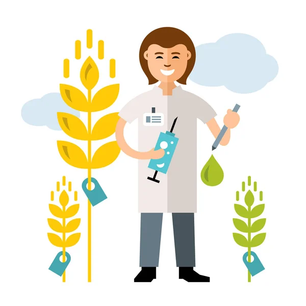 Vektor növénynemesítés, géntechnológia. Mezőgazdaság és a tudomány. Lapos stílusú színes rajzfilm illusztráció. — Stock Vector