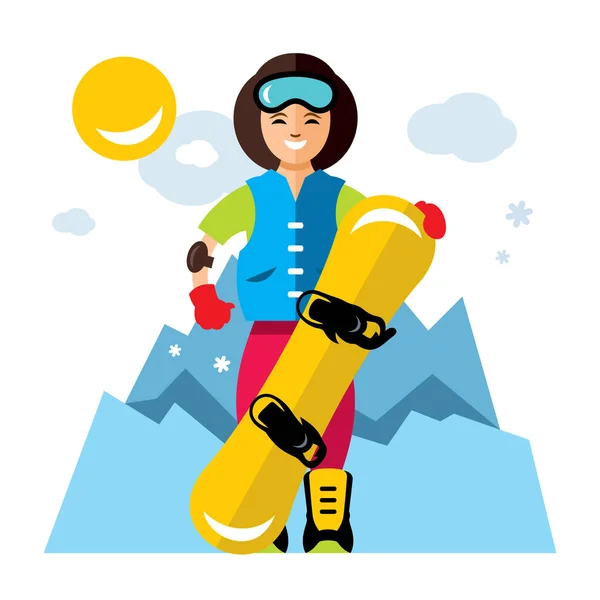 Vector meisje met snowboard. Snowboarden. Vlakke stijl kleurrijke Cartoon afbeelding. — Stockvector