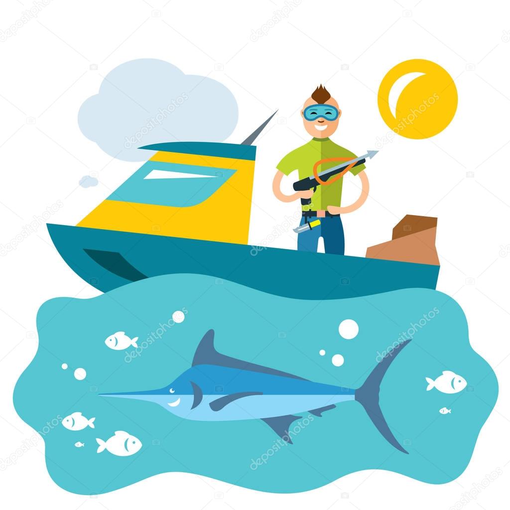 Vector Spearfishing. Fishing. Flat style colorful Cartoon illustration.