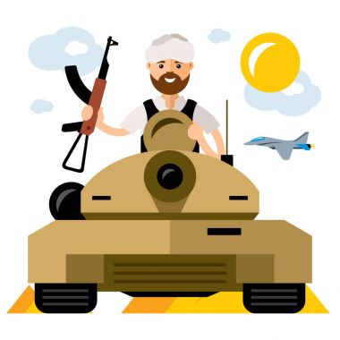 Vektör Tankman, Orta Doğu'da savaş. Düz stil renkli karikatür resimde.
