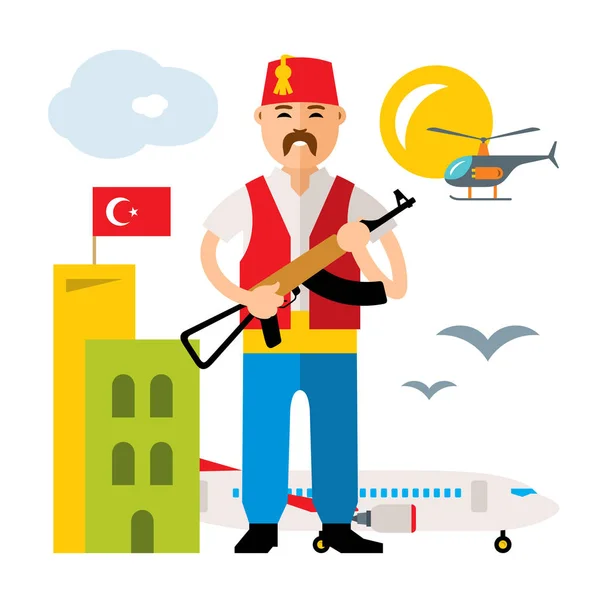 Vektör Türkiye Havaalanı. Güvenlik görevlisi. Düz stil renkli karikatür resimde. — Stok Vektör