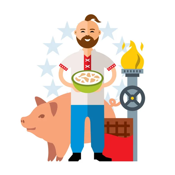 Vektor Ukrainisch. Industrie, Viehzucht, traditionelle Kleidung, Süßwaren, nationale Küche. flachen Stil bunte Cartoon-Illustration. — Stockvektor