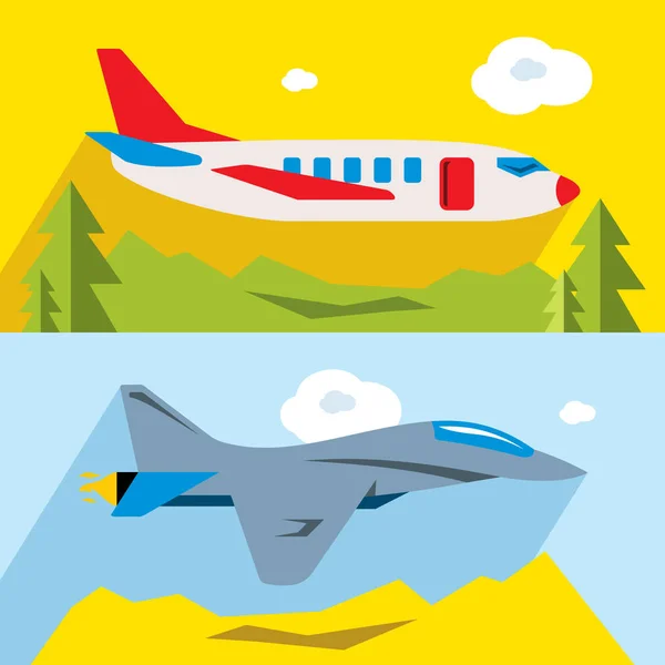 नागरी आणि लष्करी विमानचालन वेक्टर सेट. फ्लॅट शैली रंगीत कार्टून स्पष्टीकरण . — स्टॉक व्हेक्टर