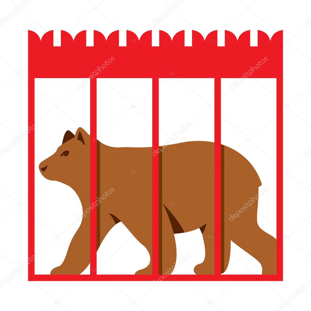 Vector Bear in Zoo cage. Flat style colorful Cartoon illustration.