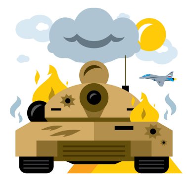 Savaş tankı kazasında vektör. Düz stil renkli karikatür resimde.