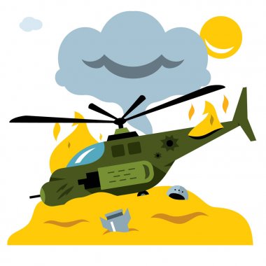 Vektör mücadele helikopter kazası. Düz stil renkli karikatür resimde.