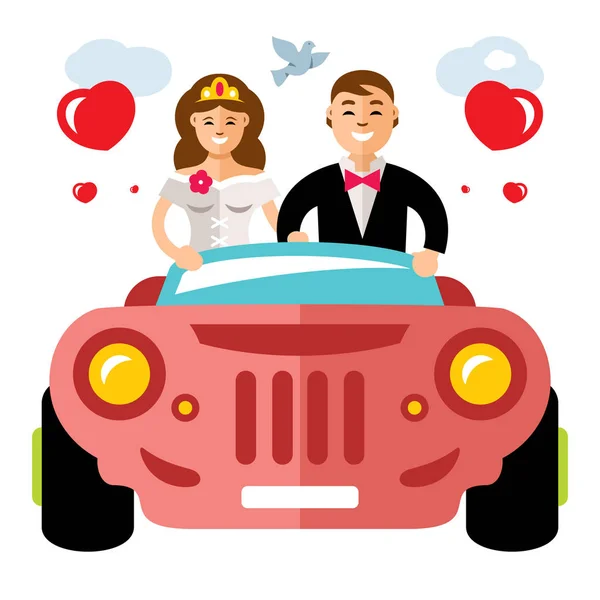 Vektor novomanželé v limuzíně. Plochý barevný kreslený obrázek. — Stockový vektor