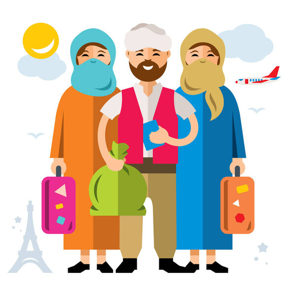 Vector Refugee migrants family. Illegal migration. Flat style colorful Cartoon illustration.